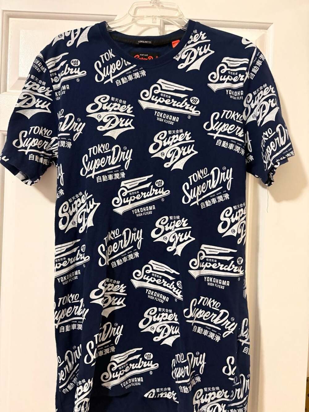 Superdry All Over Print Longline T-Shirt Blue Navy Graphic